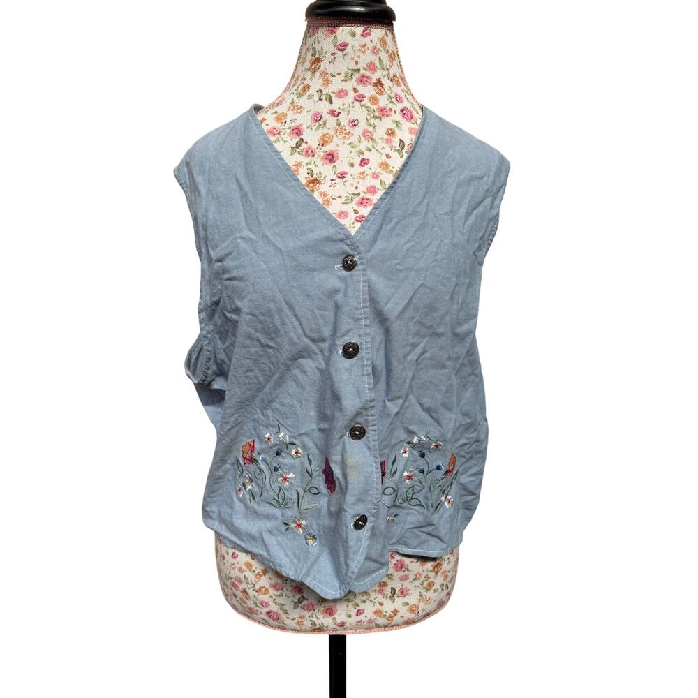 Vintage American collection button vest floral lt blue embroider short sleeve